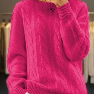 Women Half Turtleneck Cable Knit Sweater Winter Pullover, Sweaters, color:Deep Pink|size:3XL, JustFashionNow