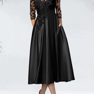 Elegant Crew Neck Lace Plain Dress, Formal Dresses, color:Black|size:XXL, JustFashionNow