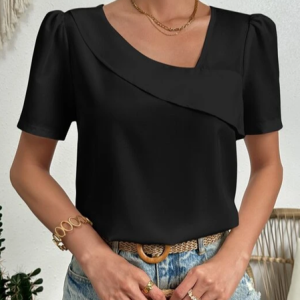 Women Elegant Solid Asymmetrical Neck Puff Sleeve Short Sleeve Top, Blouses & Shirts, Roselinlin - Online Catalog