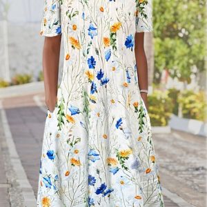 Crew Neck Cotton Blends Floral Short Sleeve Knit Dress, Midi Dresses, Roselinlin - Online Catalog