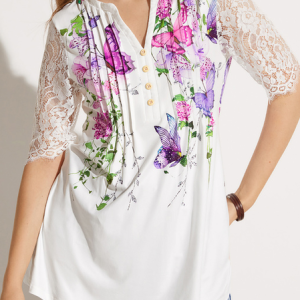 JFN V Neck Butterfly Floral Lace Daily Cotton-Blend Tunic Tops, Shirts & Blouses, color:White|size:XXL, JustFashionNow