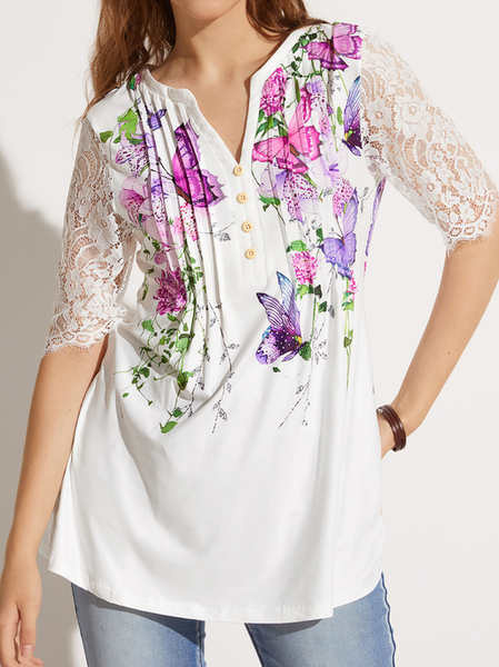JFN V Neck Butterfly Floral Lace Daily Cotton-Blend Tunic Tops, Shirts & Blouses, color:White|size:XXL, JustFashionNow