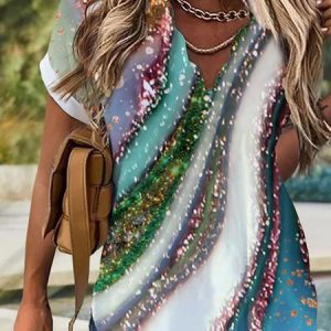 JFN V Neck Ombre Loosen Short Sleeve Casual Tops T-shirt/Tee, Shirts & Blouses, color:Multicolor|size:XXL, JustFashionNow