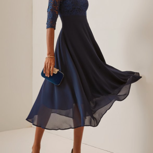 Wedding Party Lace Chiffon Zip 3/4 Sleeve Midi Formal Dress, JustFashionNow Formal Dresses, color:Navyblue|size:XXL,