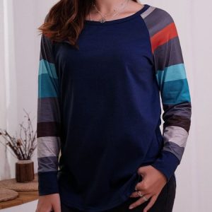 Striped Long Sleeve Casual T-Shirt, T-Shirts, color:Navy Blue|size:XXL, JustFashionNow