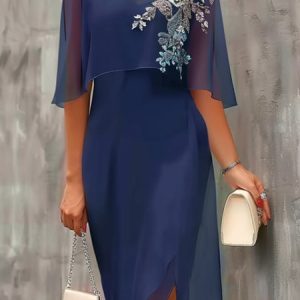 Chiffon Elegant Embroidery Dress, Dresses, color:Dark Blue|size:XXL, JustFashionNow