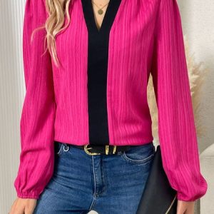 Plain Loose Casual Notched Shirt, Shirts & Blouses, color:Rose Red|size:XXL, JustFashionNow