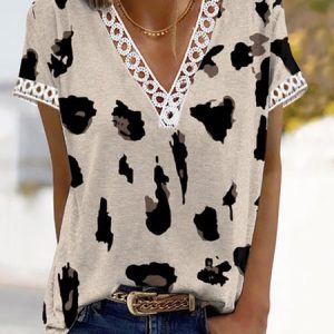Leopard Casual V Neck Short Sleeve T-Shirt, T-Shirts, color:Leopard|size:XXL, JustFashionNow