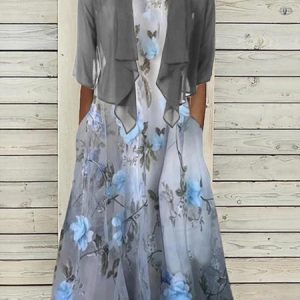 Casual Loose Floral Pattern Crew Neck Two-Piece Set, Suit Set, color:Gray|size:XXL, JustFashionNow