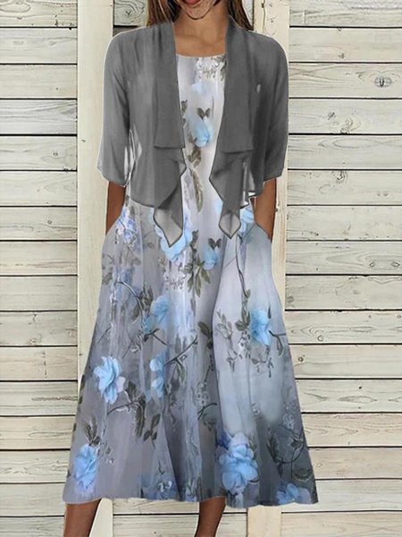 Casual Loose Floral Pattern Crew Neck Two-Piece Set, Suit Set, color:Gray|size:XXL, JustFashionNow