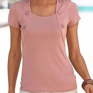 Regular Fit Heart-Shaped Collar Casual Short Sleeve Tops, Shirts & Blouses, color:Pink|size:XXL, JustFashionNow