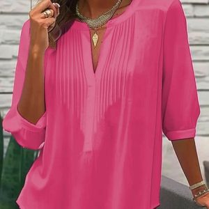 Plain Loose V Neck Casual Shirt, Shirts & Blouses, color:Rose Red|size:XXL, JustFashionNow