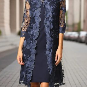 Lace Plain Elegant Cotton-Blend Two-Piece Set, Dresses, color:Dark Blue|size:XXL, JustFashionNow
