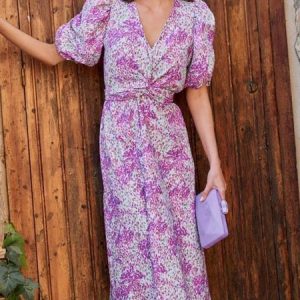 V Neck Regular Fit Elegant Puff Sleeve Dress, Dresses, color:Rose Red|size:XXL, JustFashionNow