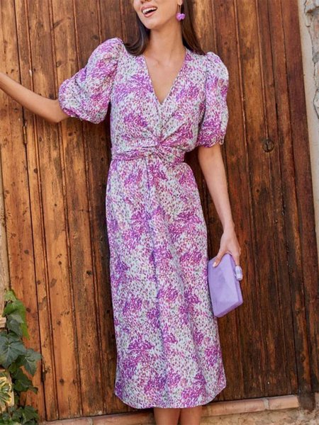 V Neck Regular Fit Elegant Puff Sleeve Dress, Dresses, color:Rose Red|size:XXL, JustFashionNow