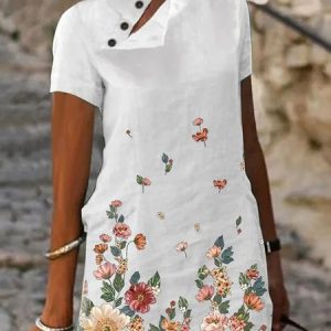 Stand Collar Loose Casual Floral Shirt, Shirts & Blouses, color:White|size:XXL, JustFashionNow