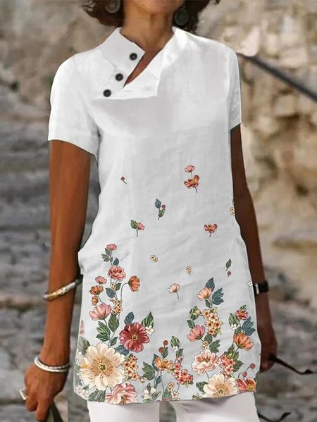 Stand Collar Loose Casual Floral Shirt, Shirts & Blouses, color:White|size:XXL, JustFashionNow