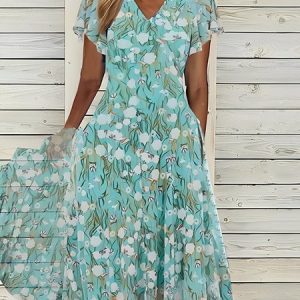 Floral Elegant Chiffon Dress, Dresses, color:Lightgreen|size:XXL, JustFashionNow