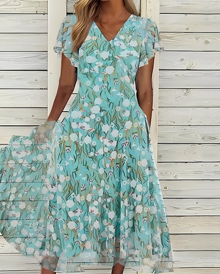 Floral Elegant Chiffon Dress, Dresses, color:Lightgreen|size:XXL, JustFashionNow