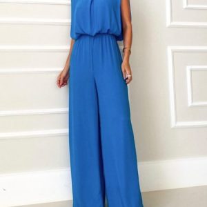 Loose Plain Crew Neck Elegant Jumpsuit, Jumpsuitsпј†Rompers, color:Blue|size:XXL, JustFashionNow