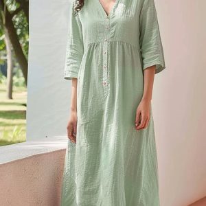 V Neck Linen Plain Loose Dress, Dresses, color:Green|size:XXL, JustFashionNow