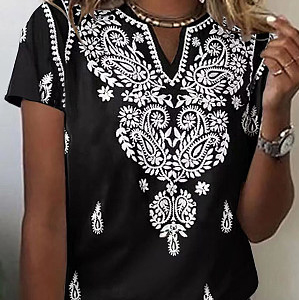 V Neck Tribal Regular Fit Short Sleeve T-Shirt, T-Shirts, color:Black|size:XXL, JustFashionNow