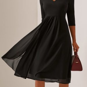 Elegant Black V-Neck Slim Fit Knit Dress, Dresses, color:Black|size:XXL, JustFashionNow