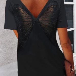 JFN Crew Neck Back Lace Butterfly Patch Basic Short Sleeve T-Shirt/Tee, T-Shirts, color:Black|size:XXL, JustFashionNow