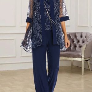 Plain Lace Elegant Crew Neck Matching Outfit, Suit Set, color:Dark Blue|size:XXL, JustFashionNow