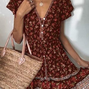 V Neck Casual Floral Weaving Dress, Casual Dresses, color:Red|size:XXL, JustFashionNow