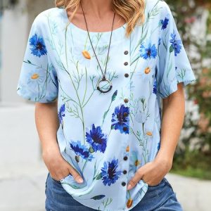 Crew Neck Loose Printed Shirt & Top, Blouses & Shirts, Roselinlin - Online Catalog