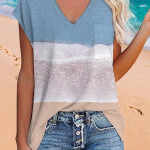Jfan Color Block Ombre Beach Vacation Crew Neck Loosen Short Sleeve T-shirt/Tee, T-Shirts, color:Multicolor|size:XXL, JustFashionNow