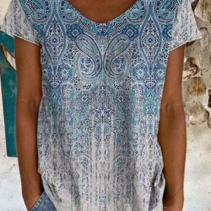 Tribal Printed Crew Neck Short Sleeve Tops, T-Shirts, color:Blue|size:XXL, JustFashionNow