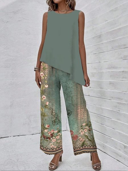 Women's Irregular Craftsmanship Floral Daily Going Out Two-Piece Set Elegant Summer Sleeveless Tunic Top With Pants Matching Set, JustFashionNow Suit Set, color:Green|size:XXL,