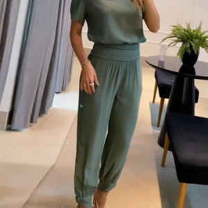 Summer Plain Loose Casual V Neck Two-Piece Set, Suit Set, color:Dark Green|size:XXL, JustFashionNow
