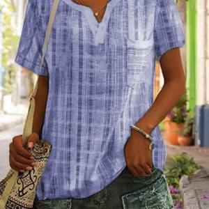 JFN V Neck Pocket Loosen Casual Striped Short Sleeve Tee, Shirts & Blouses, color:Blue|size:XXL, JustFashionNow