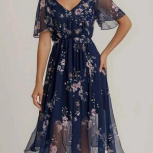 Organza V Neck Elegant Ruffled Sleeves Floral Dress, Dresses, color:Blue|size:XXL, JustFashionNow