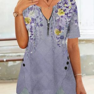 JFN V Neck Zipper Nail Buckle Gradient Flower Irregular Hem Holiday Tunic Top T-shirt, Shirts & Blouses, color:Purple|size:XXL, JustFashionNow