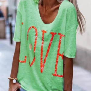 Love Print Round Neck Short Sleeves Casual T-Shirt, Tees & T-shirts, Roselinlin - Online Catalog