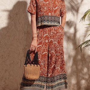 Crew Neck Paisley Vintage Two-Piece Set, Suit Set, color:Orange Red|size:XXL, JustFashionNow