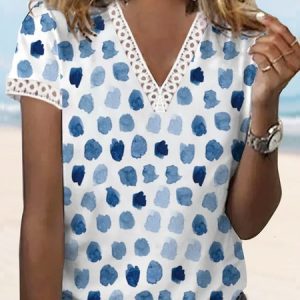JFN V Neck Polka Dots Basic T-Shirt/Tee, T-Shirts, color:Blue|size:XXL, JustFashionNow