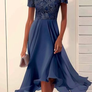 Lace Plain Elegant Chiffon Dress, Dresses, color:Dark Blue|size:XXL, JustFashionNow