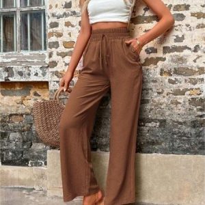 Plain Loose Casual Pants, Pants, color:Coffee|size:XXL, JustFashionNow