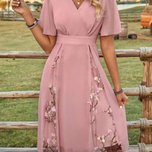 V Neck Elegant Ruffled Sleeves Regular Fit Dress, Dresses, color:Pink|size:XXL, JustFashionNow