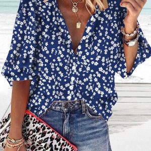 Loose holiday flower button up shirt Plus Size, Shirts & Blouses, color:Blue|size:XXL, JustFashionNow