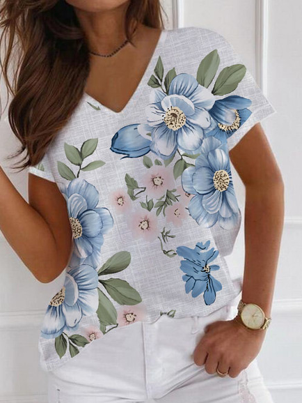 Floral V Neck Cotton Blends Shirt Sleeve Shirt & Top, Tees & T-shirts, Roselinlin - Online Catalog