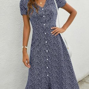 Floral Elegant Buttoned Dress, Dresses, color:Dark Blue|size:XXL, JustFashionNow