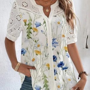 V Neck Floral Casual Blouse, Blouses & Shirts, Roselinlin - Online Catalog