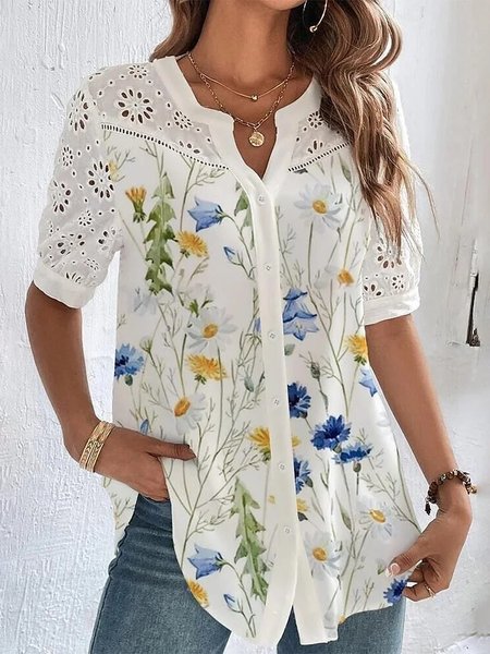 V Neck Floral Casual Blouse, Shirts & Blouses, color:White|size:XXL, JustFashionNow