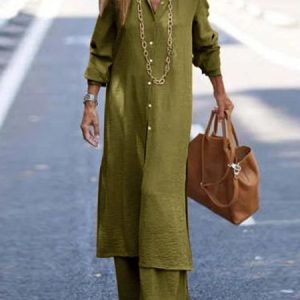 JFN Cotton & Linen Casual Plain Lapel Collar Long Sleeve Button Long Shirt & Wide Leg Pants 2Pcs Set, Suit Set, color:Army Green|size:5XL, JustFashionNow